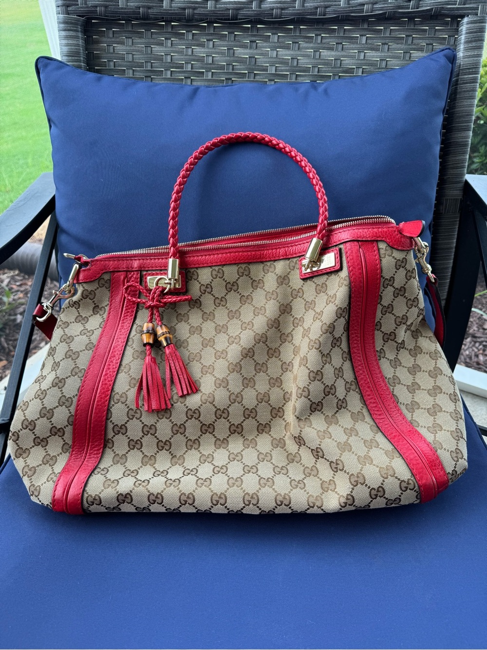 Gucci Beige GG Canvas Shoulder Bag with Red Trim and Tassels